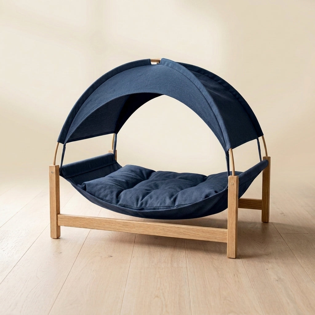 CalmLair™ BreezePaw Elevated Cooling Pet Canopy Bed – Portable Raised Dog & Cat Beach Bed with Detachable Sunshade Canopy, Breathable Mesh Center & Sturdy Wooden Frame for Indoor/Outdoor Use