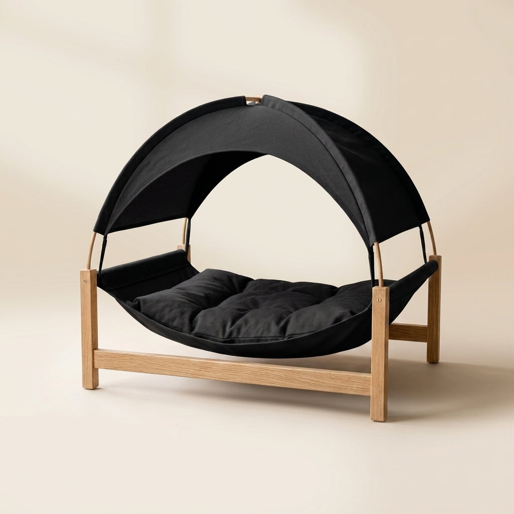 CalmLair™ BreezePaw Elevated Cooling Pet Canopy Bed – Portable Raised Dog & Cat Beach Bed with Detachable Sunshade Canopy, Breathable Mesh Center & Sturdy Wooden Frame for Indoor/Outdoor Use