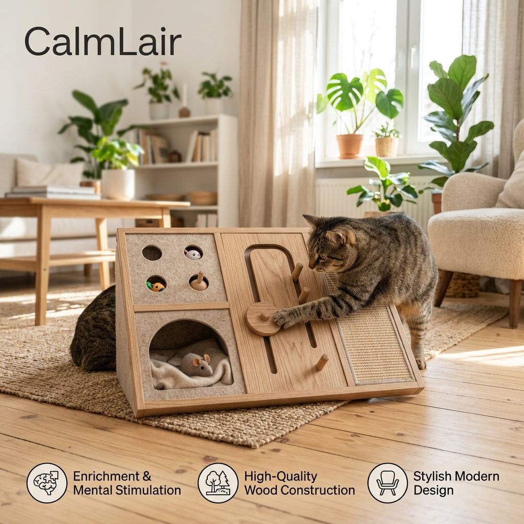 CalmLair™ PawLuxe Sniff & Snack Activity Console – Interactive Wooden Puzzle Feeder & Sniffing Console for Cats & Dogs for Mental Stimulation, Slow Feeding & Anxiety Relief