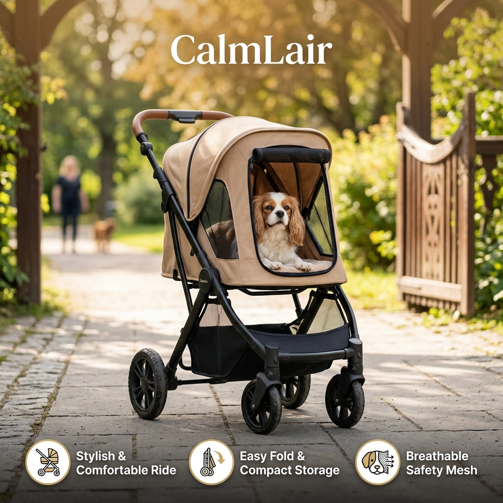CalmLair™ PawPort Foldaway Pet Stroller Cabin – Lightweight Aluminum Dog & Cat Stroller with 360° Shock-Absorbing Wheels, One-Hand Fold System & Storage Basket